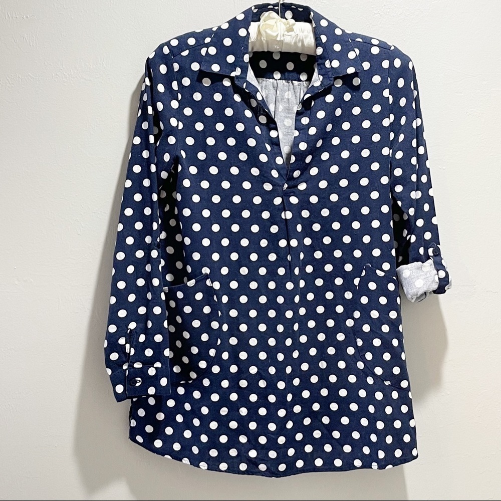 ANTIBES BLANC Women’s Navy White Polka Dot Collared Tunic Lagenlook